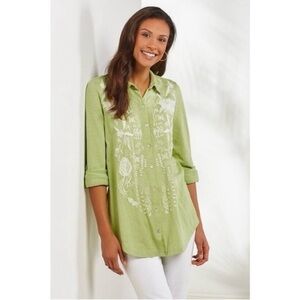 Soft Surroundings Womens Green Madie Tunic Embroidered Floral Long Sleeve L